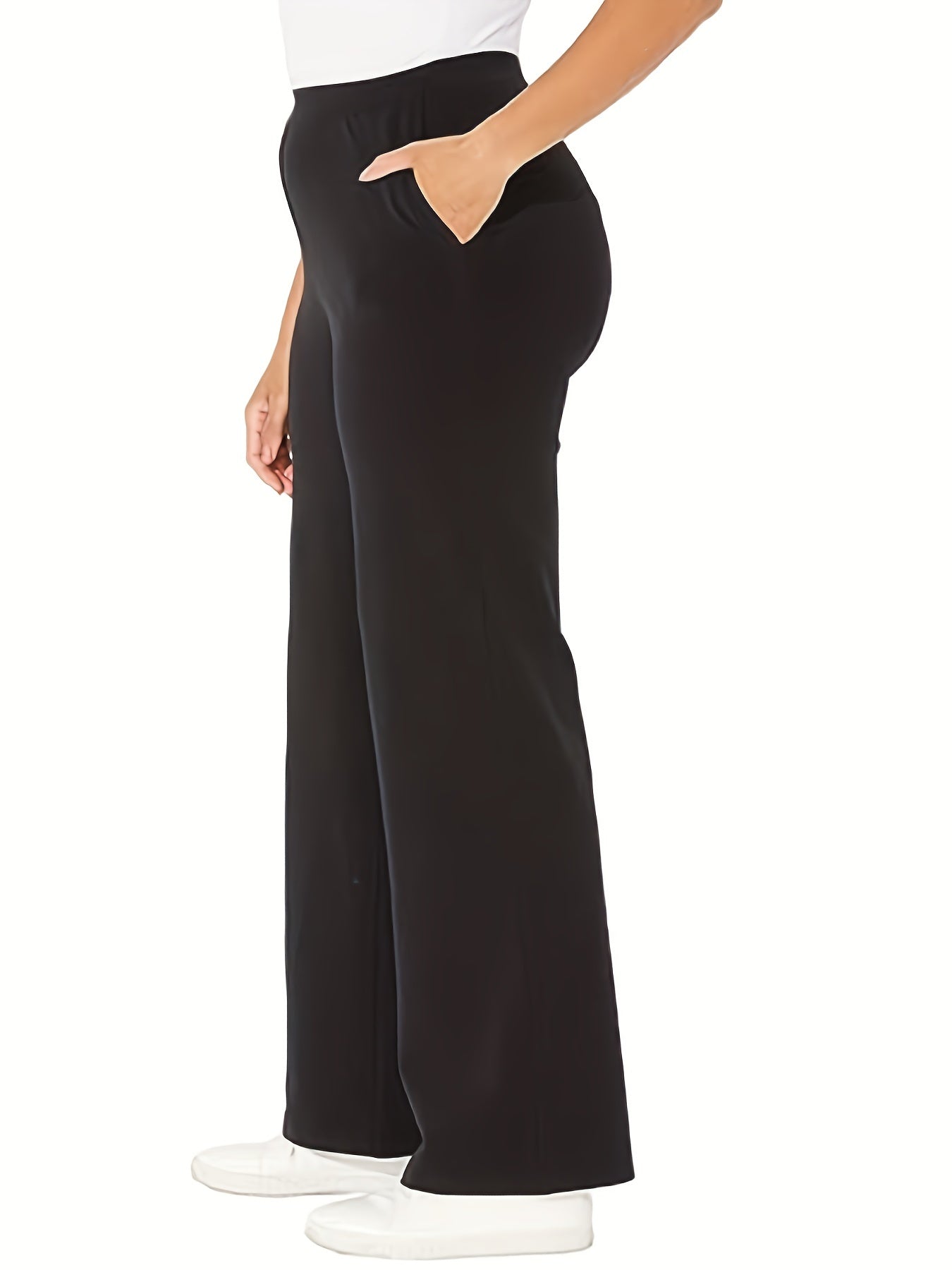  Solid Straight Wide Leg Stretch Loose Trousers With Pockets