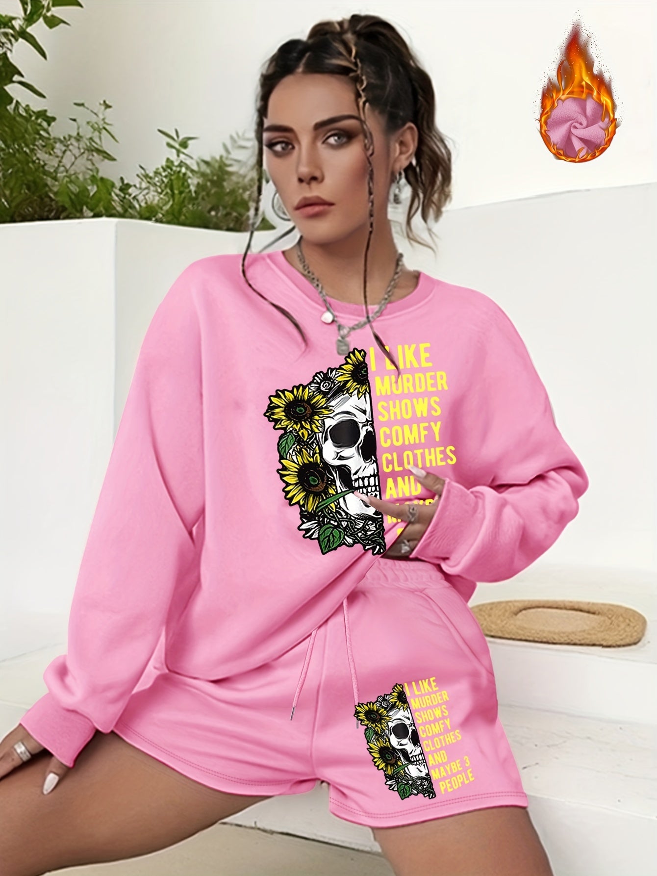  Halloween Graphic Print Sweatshirt & Shorts 2pcs Set