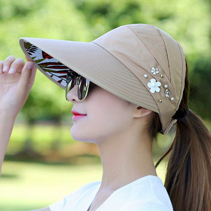 Stylish Ponytail Sun Visor Hat Beaded Flower Decor Lightweight Sun Hat