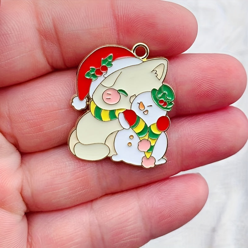 8pcs Christmas Cat Snowman Enamel Pendant for DIY Jewelry Making