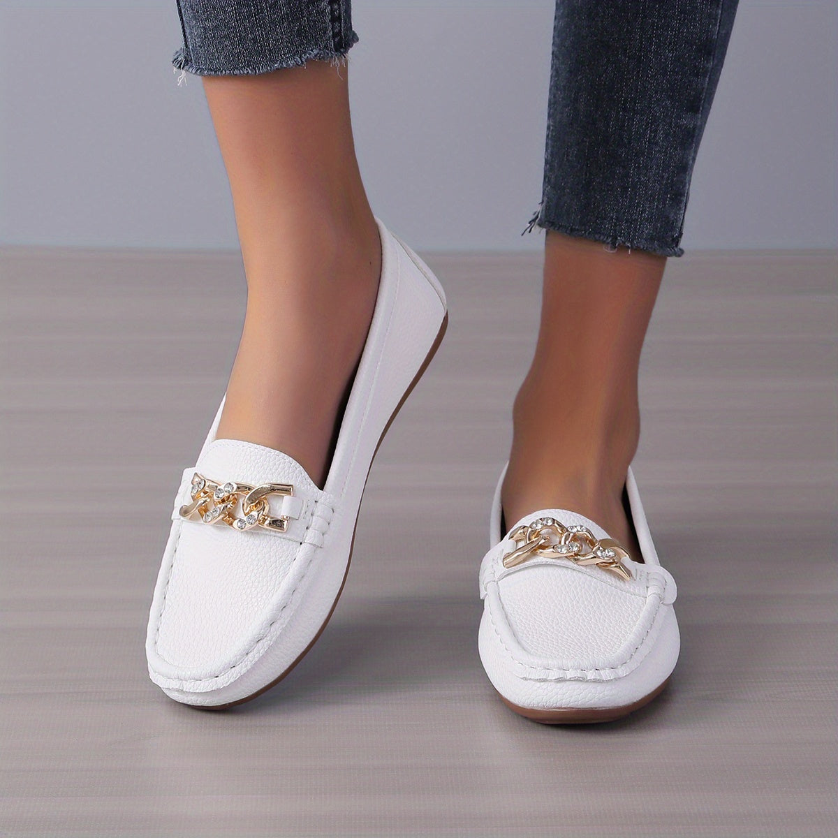 Chain Decor Flat Loafers with Rhinestone Soft Sole Slip On Shoes