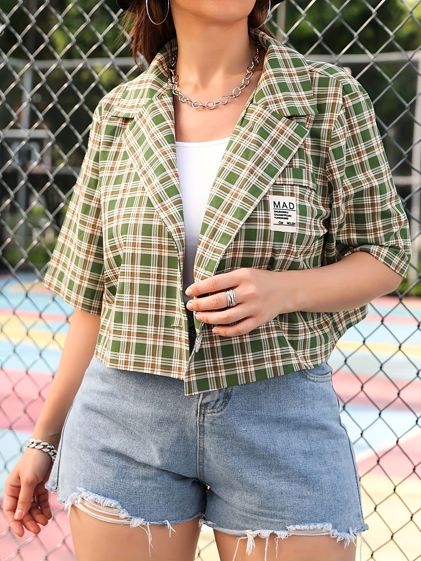  Casual Blazer Women's Plus Plaid Print Half Sleeve Lapel Collar Coat
