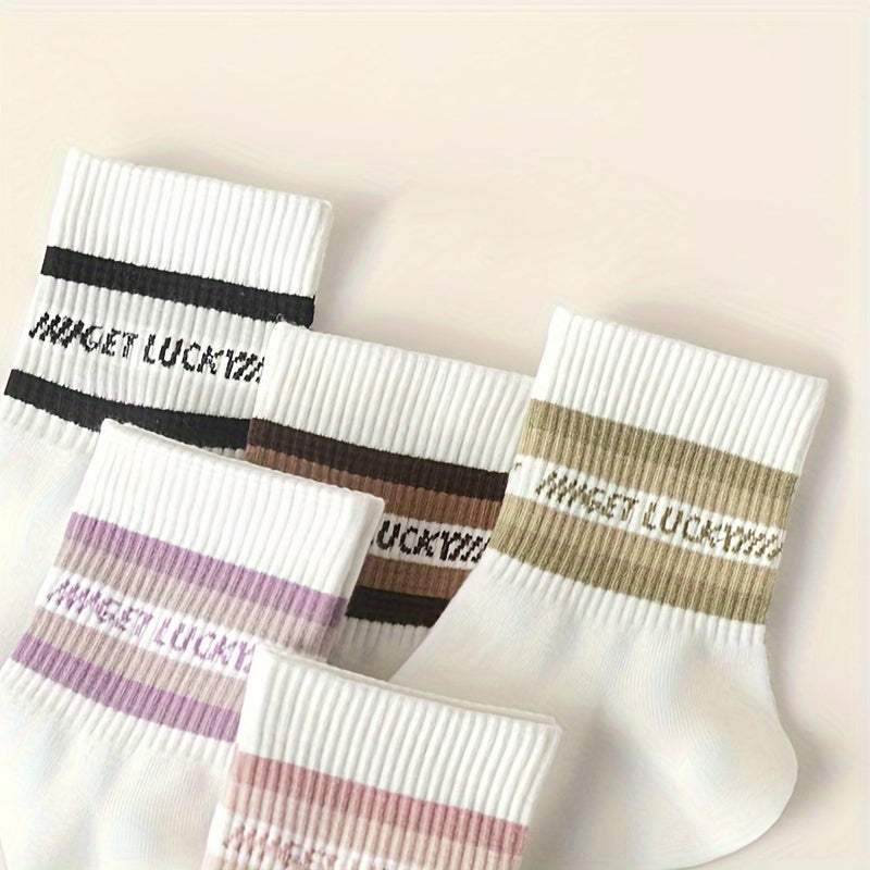 5 Pairs Letter & Striped Print Socks Comfy & Breathable Women's Stockings
