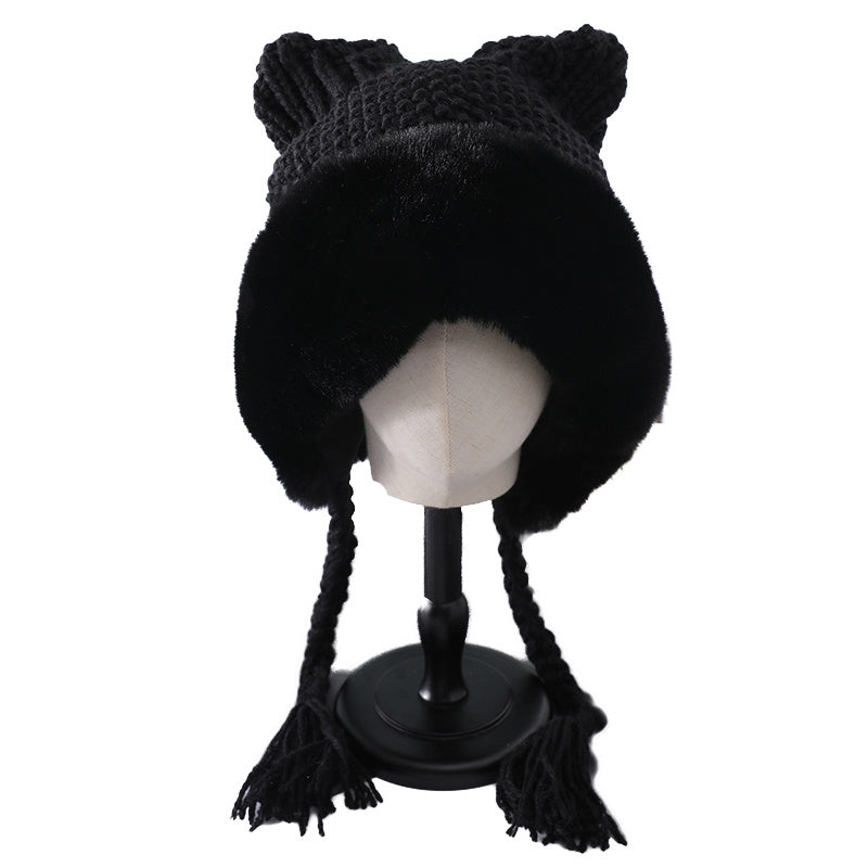 Women's Winter Pom Beanie Hat Fluffy Knit Cat Fox Ear Faux Fur Skull Cap