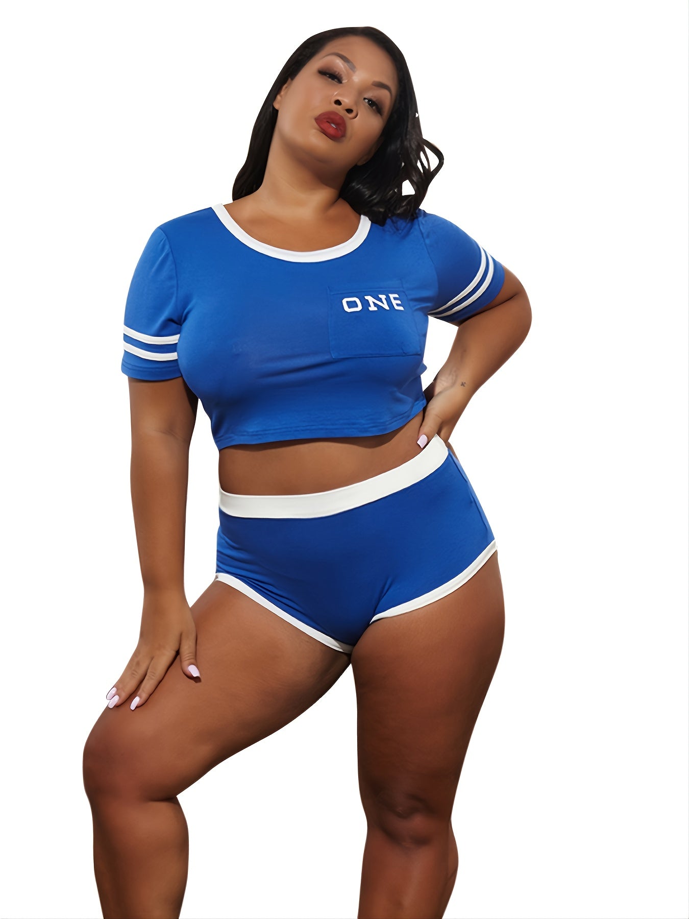  Y2K Colorblock Crop Top & High Waist Skinny Shorts Set
