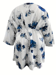  Floral Print V Neck Loose Fit Mini Dress