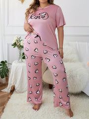  Heart Letter Graphic Pajama Set Round Neck Tee & Loose Pants 2 Piece
