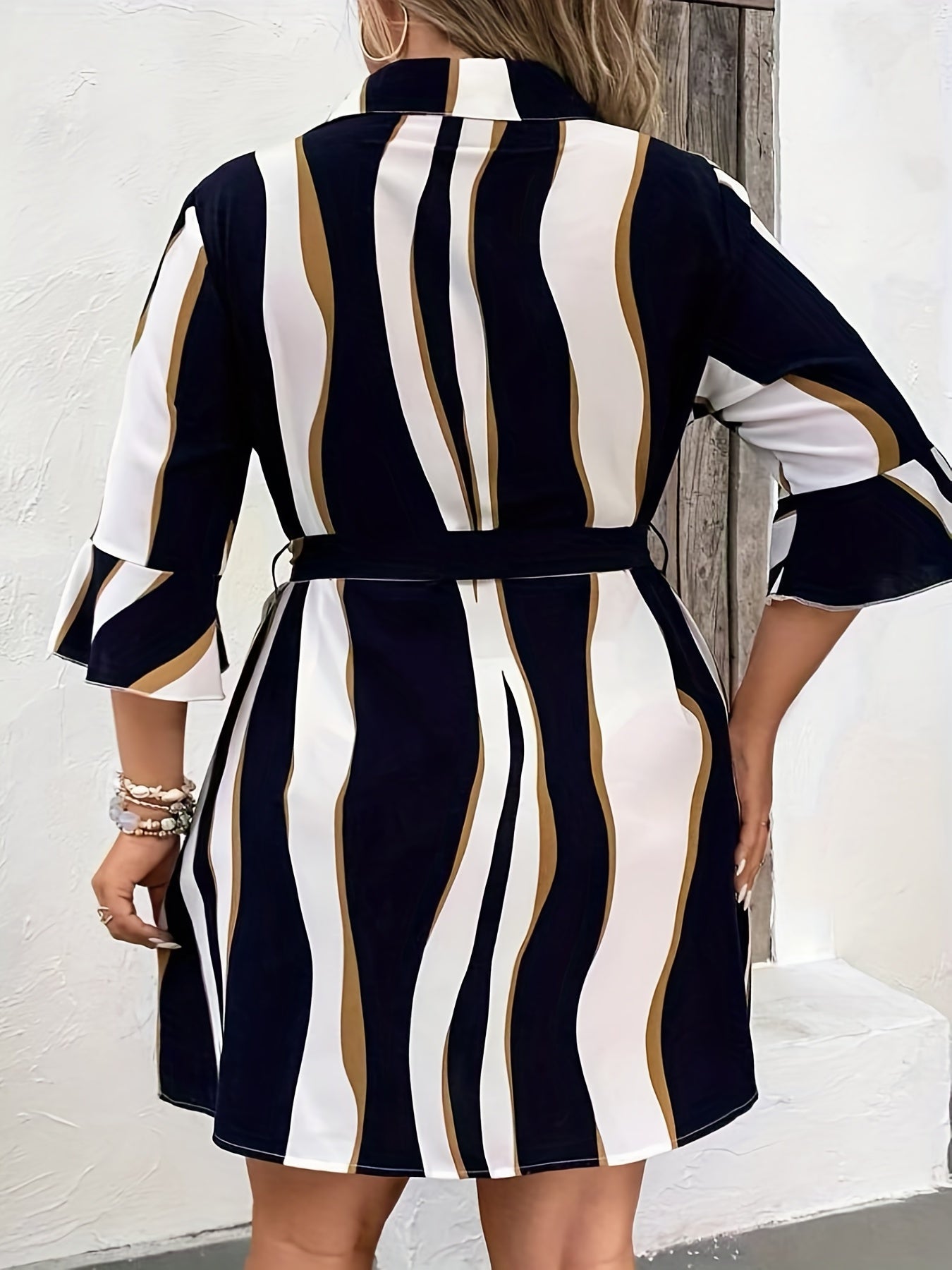  Colorblock Stripe Print Button Up Bell Sleeve Shirt Dress
