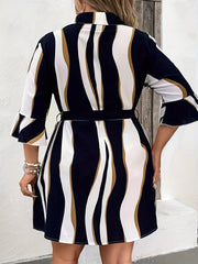  Colorblock Stripe Print Button Up Bell Sleeve Shirt Dress