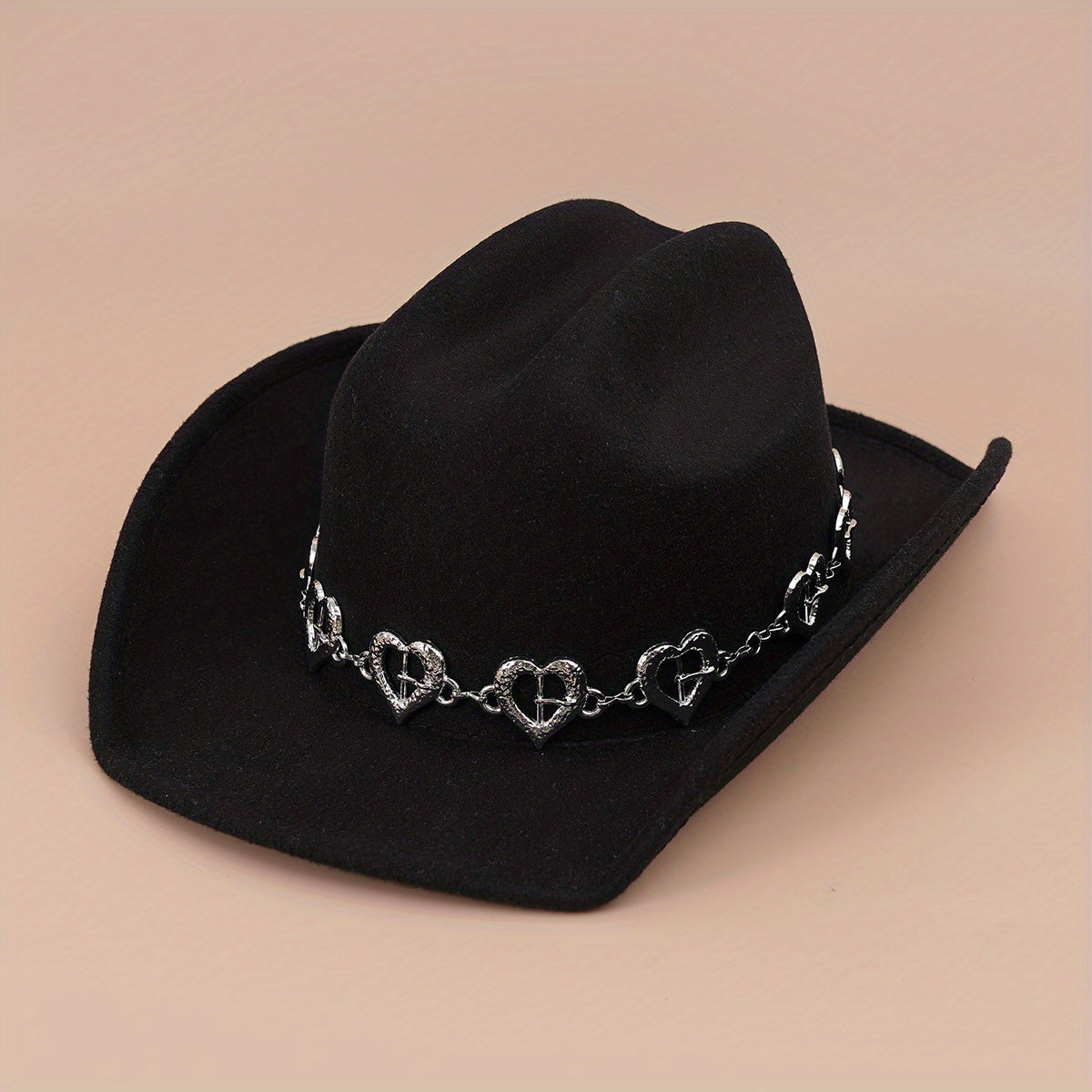 Silvery Oval Heart Stone Iron Chain Decor Cowboy Hat