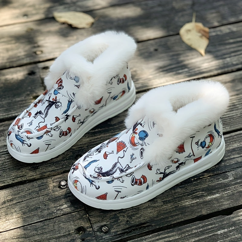 Cartoon Pattern Plush Lined Thermal Furry Snow Boots