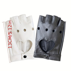 Heart Hollow Punk Gloves PU Leather Solid Hip Hop Fingerless Gloves