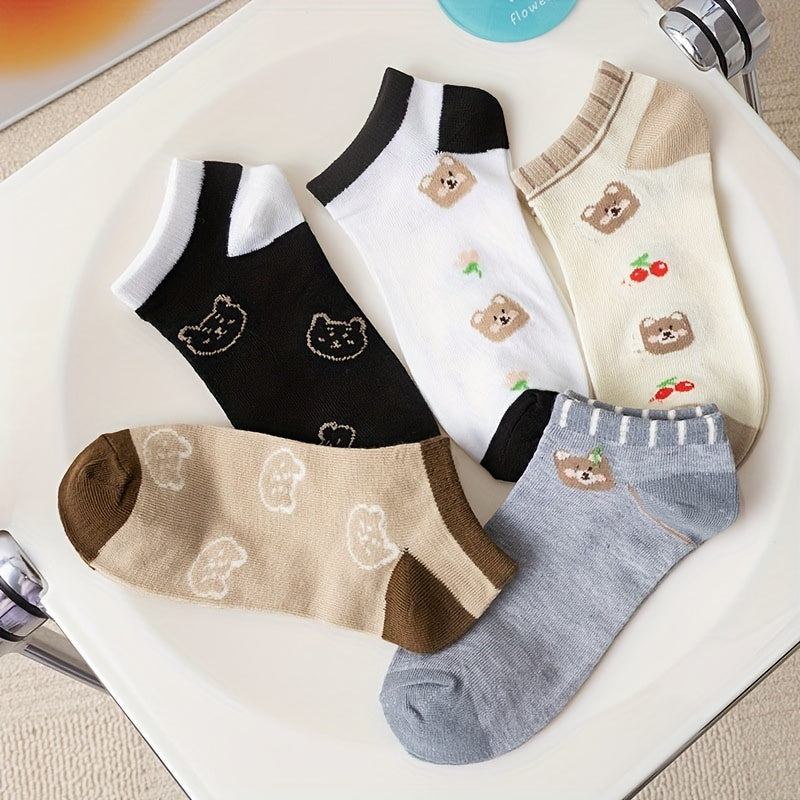 5 Pairs Cartoon Bear Print Socks Women's Stockings