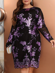  Floral Sequin Mesh Sleeve Party Dress
