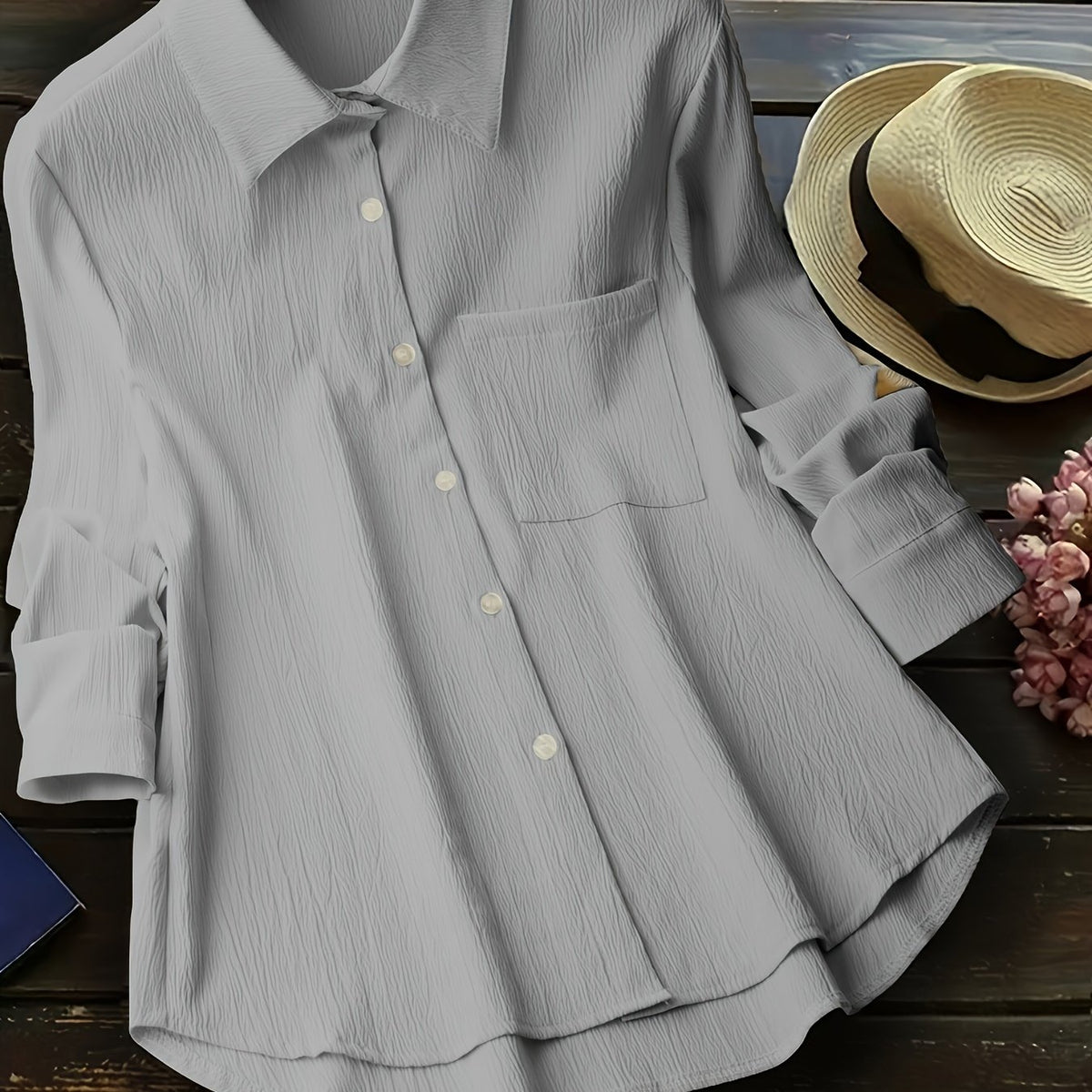  Casual Blouse Women's Solid Crinkle Button Up Long Sleeve Blouse
