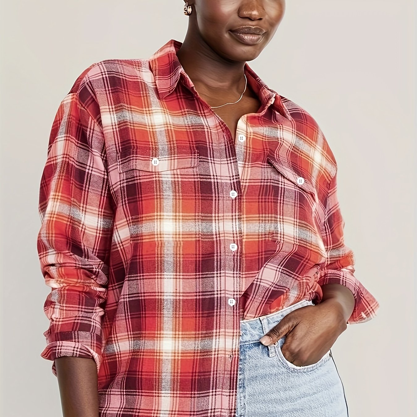  Plaid Print Button Up Long Sleeve Blouse
