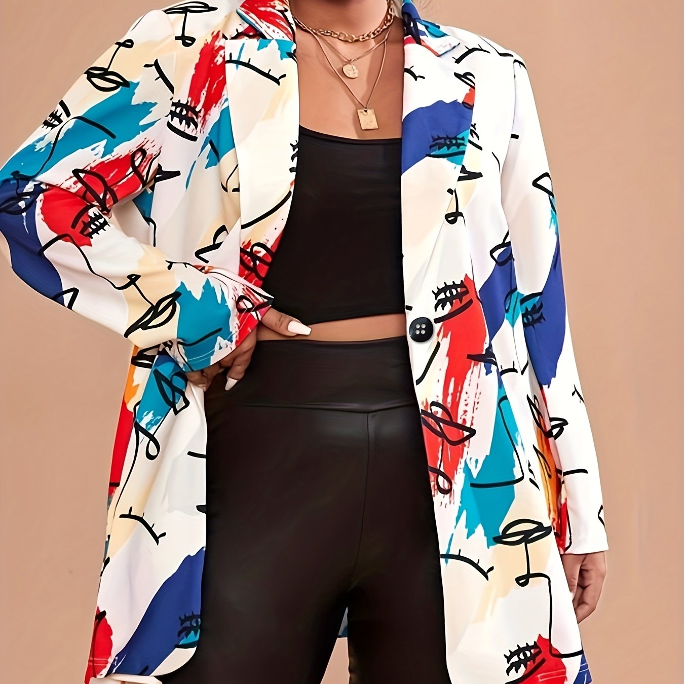  Graphic Print Long Sleeve Blazer