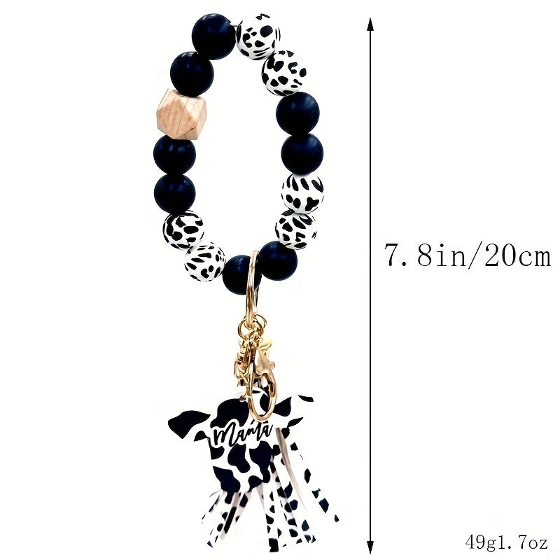 Cow Tassel Charm Beaded Bracelet Keychain Bag Car Key Chain Pendant