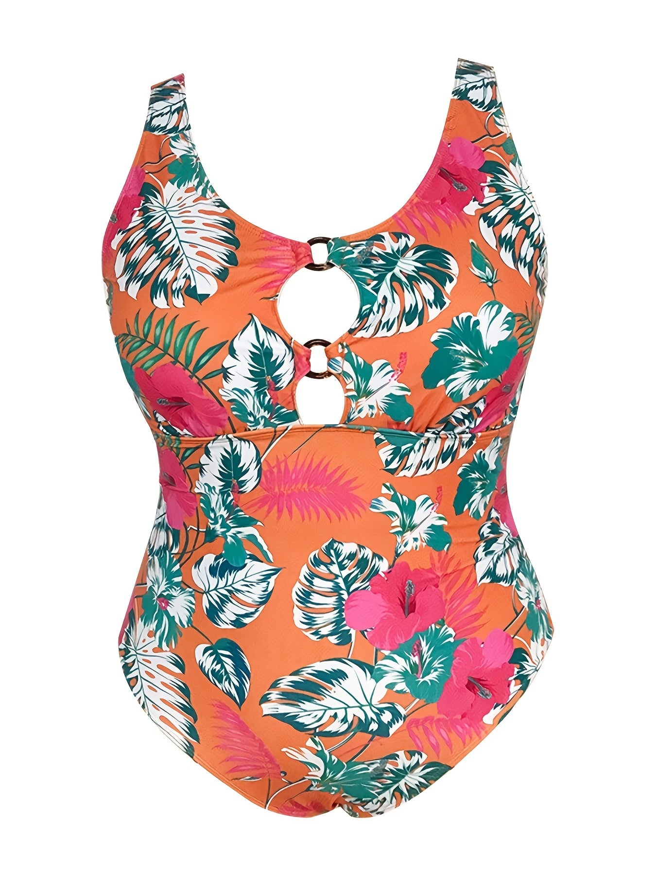  Tropical Print Cut Out One Piece Swimsuit Women's Plus