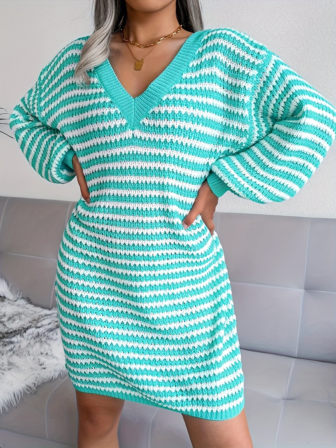  Stripe Print Lantern Sleeve V Neck Midi Dress