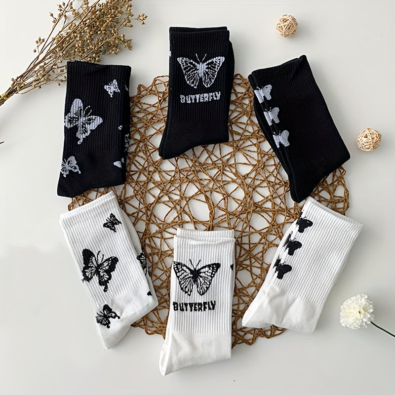 6 Pairs Butterfly Print Mid Tube Socks Women's Stockings