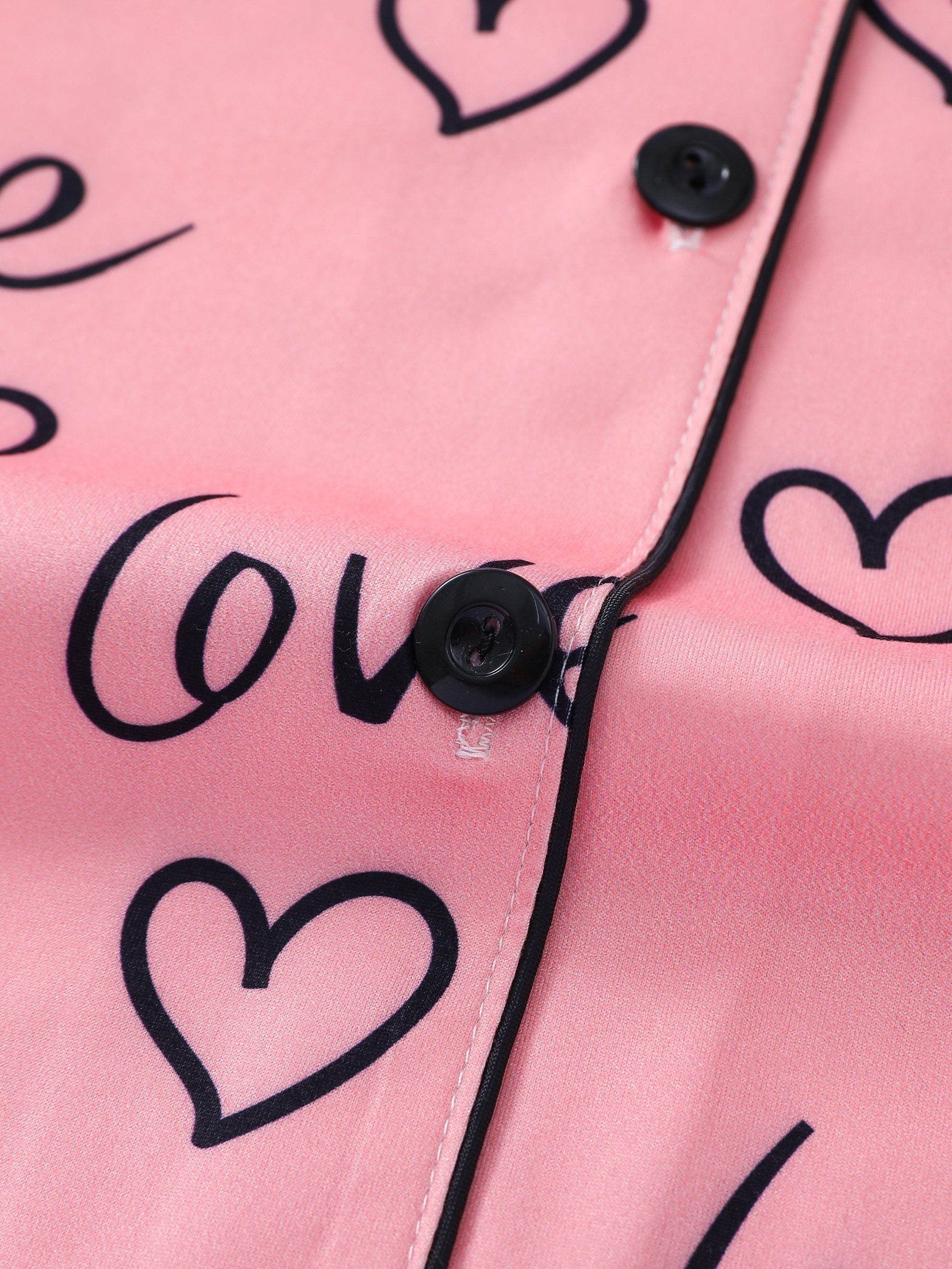 Heart Print Pajama Set Short Sleeve Buttons Top & Elastic Waistband Shorts