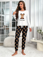 Deer Print Pajama Set Long Sleeve Crew Neck Top & Pant
