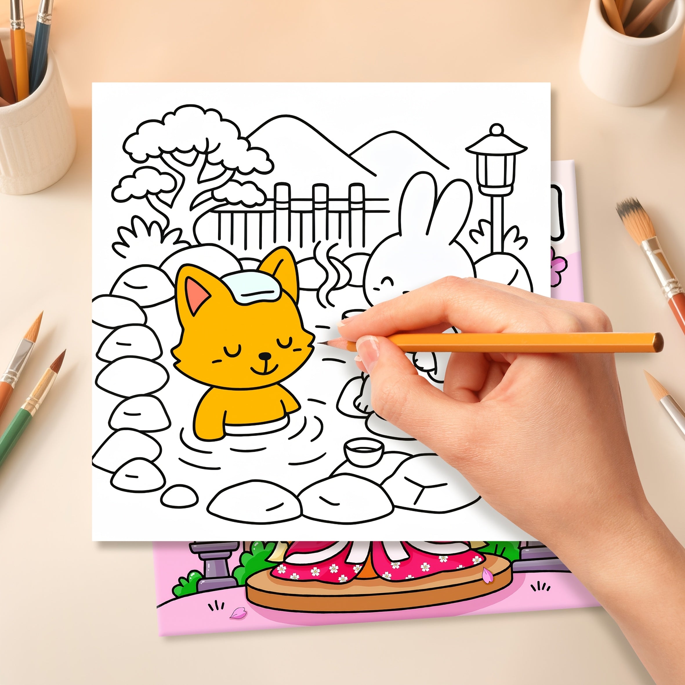 Japanese Anime Coloring Book with Fox in Kimono, Cherry Blossoms & Lanterns