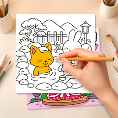 Japanese Anime Coloring Book with Fox in Kimono, Cherry Blossoms & Lanterns