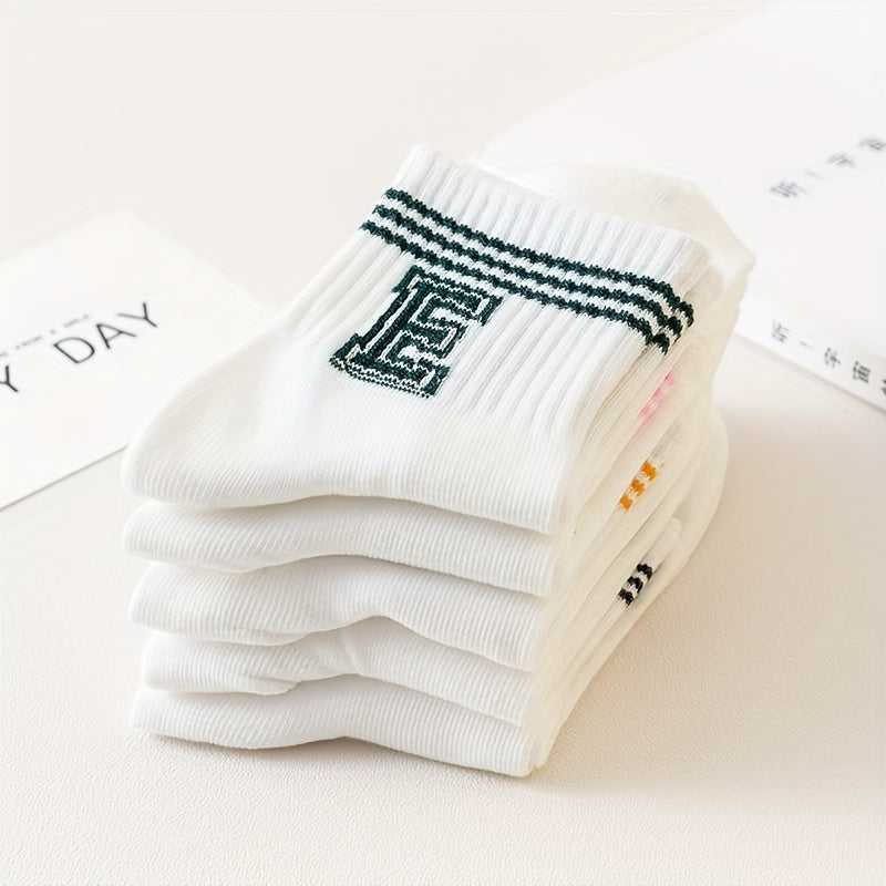 5 Pairs Letter & Stripe Print Socks Women's Mid Tube Stockings