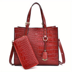 Crocodile Embossed Handbag With Pouch Large Tote Bag PU Leather Crossbody Bag