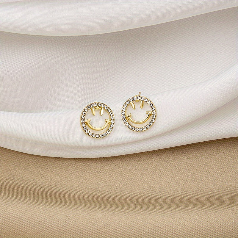 Golden Silvery Smiling Face Zircon Stud Earrings Japanese Style
