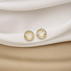 Golden Silvery Smiling Face Zircon Stud Earrings Japanese Style