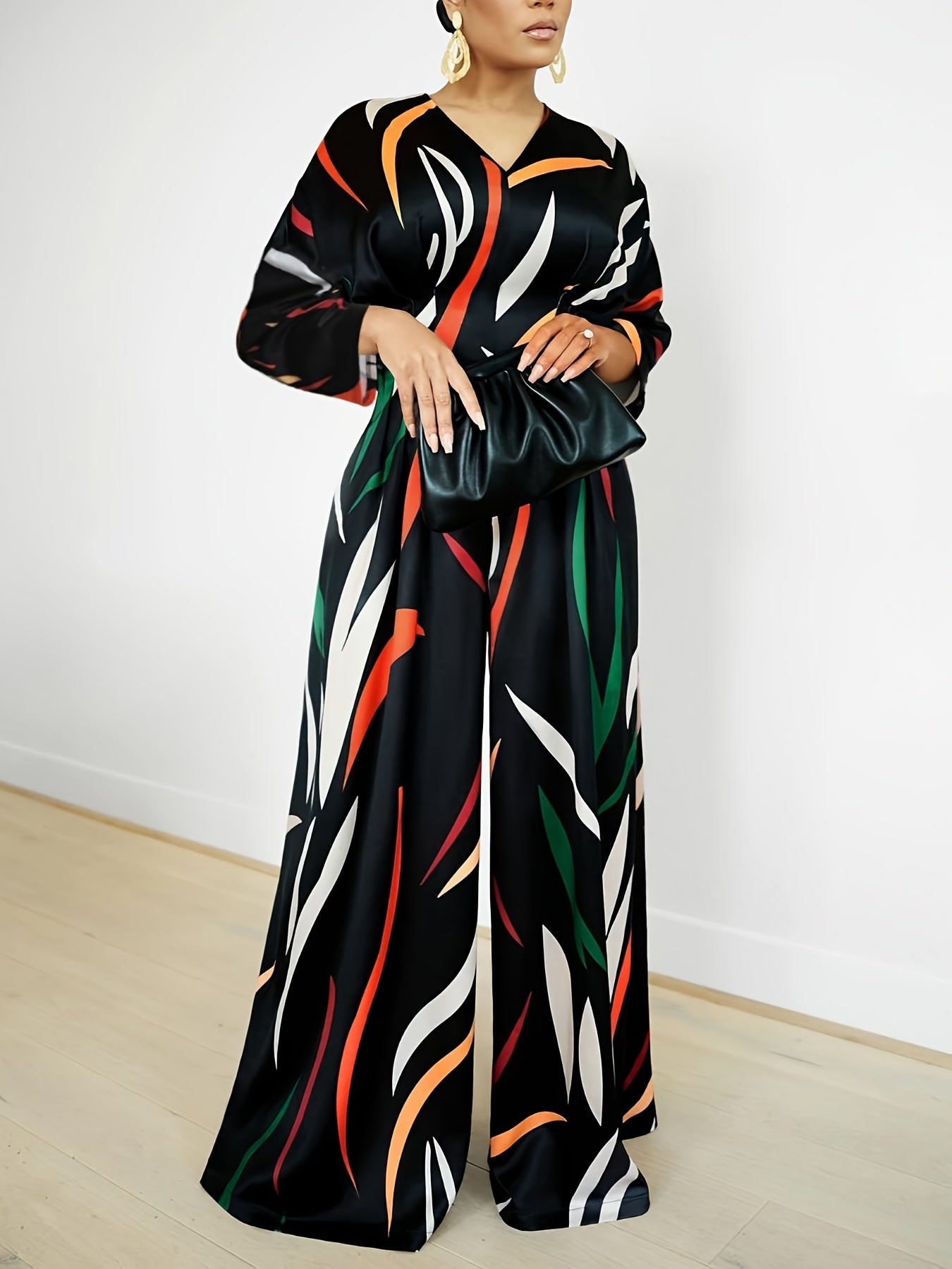  Colorful Stripe Print Long Sleeve Wide Leg Jumpsuit