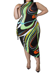  Sexy Dress Abstract Stripe Print Side Tie Bodycon Midi Dress