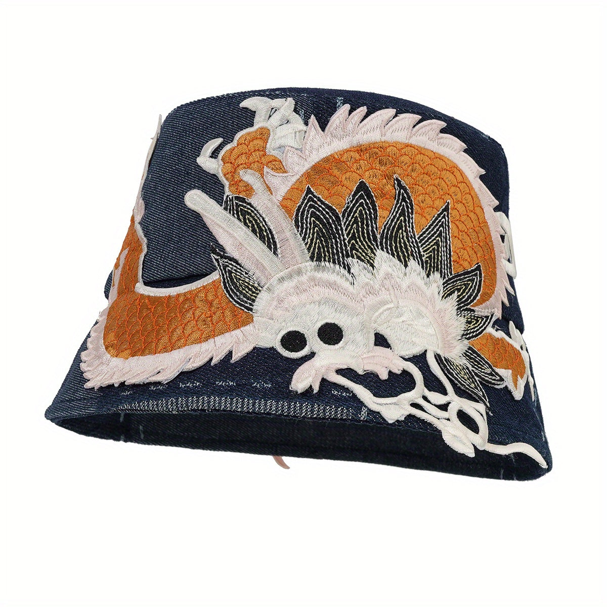 Dragon Embroidery Washed Denim Bucket Hat Sunshade Retro Style Basin Hat