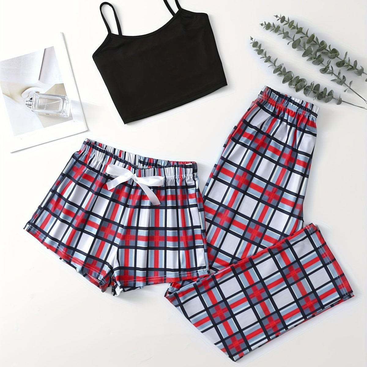 Plaid Pajama Set Cami Top Shorts Pants