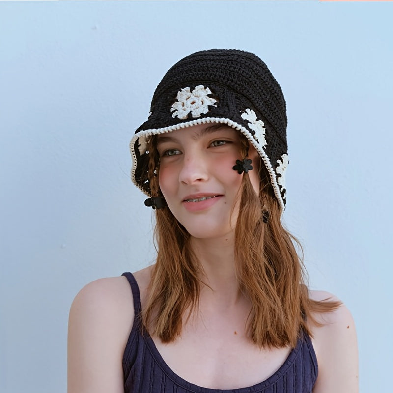 Flower Crochet Bucket Hat Thin Beanie Lightweight Block Cl