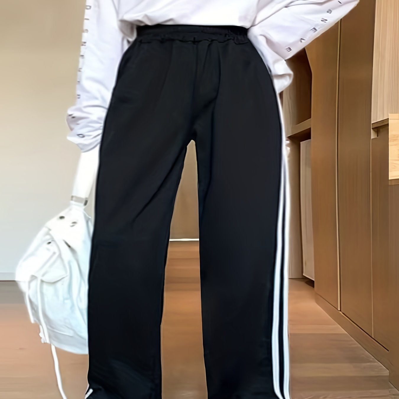  Stripe Print High Rise Wide Leg Pants