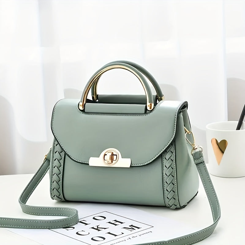 Top Handle Shoulder Bag Turn Lock PU Leather Handbag