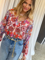  Floral Print Button Up Lantern Sleeve Blouse