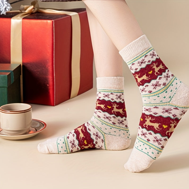 5 Pairs Christmas Elk Print Socks Warm Mid Tube Stockings