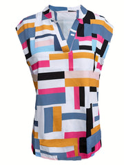 Geo Print Cap Sleeve Top Casual V Neck Random Print Women's Top