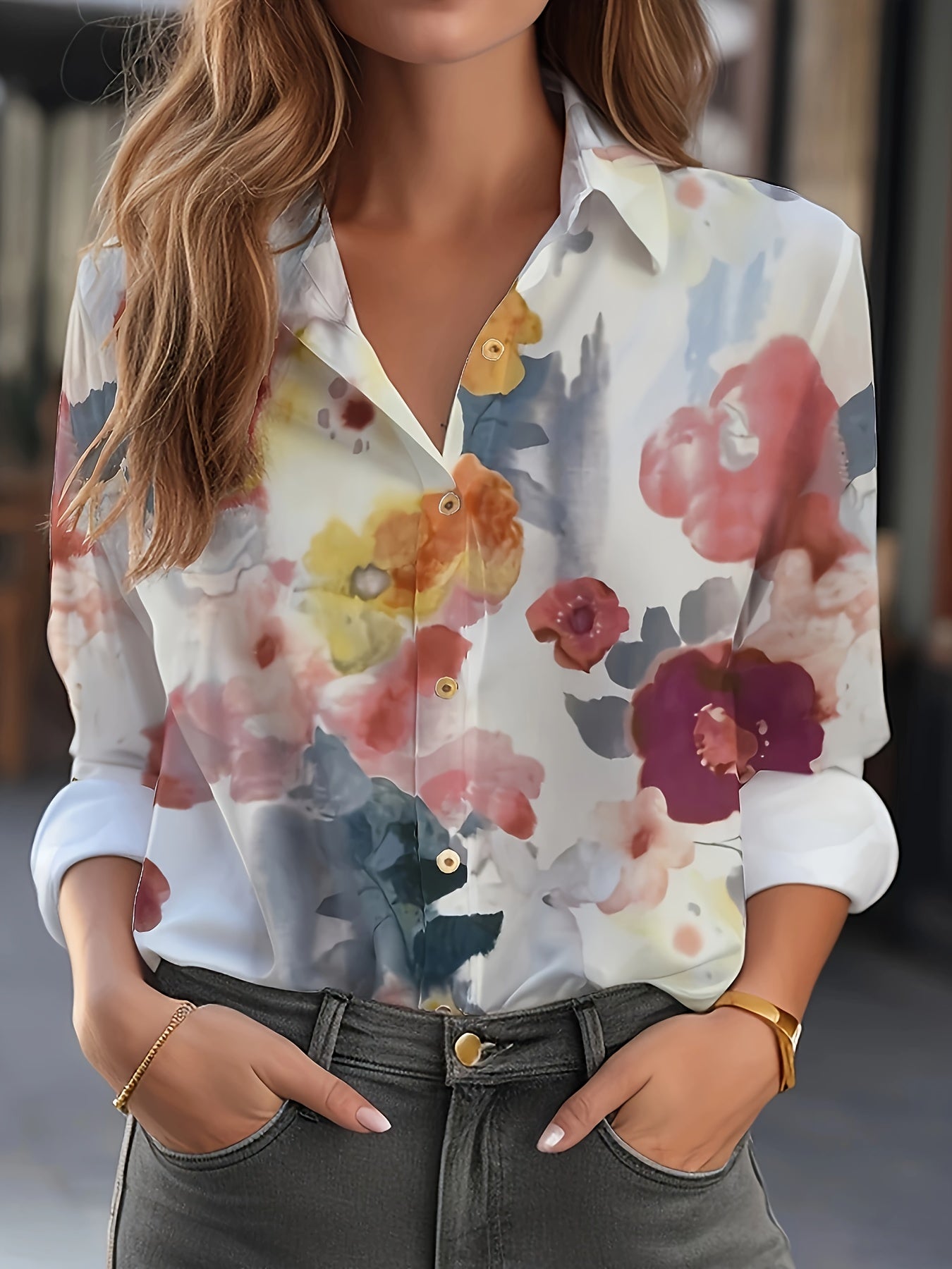  Floral Print Long Sleeve Button Up Collar Shirt
