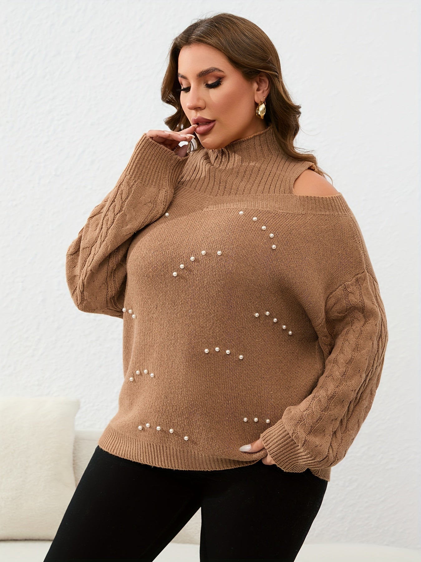  Women's Cold Shoulder Knit Top with Faux Pearl Decoration