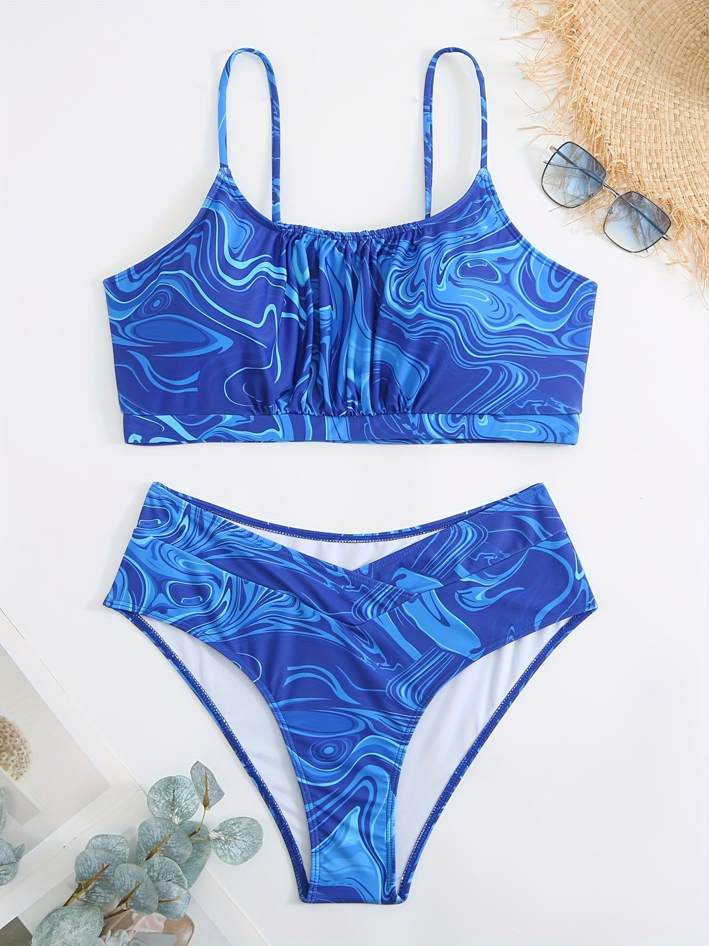  Fluid Print Ruched Bra & Underwear Swimsuit Set