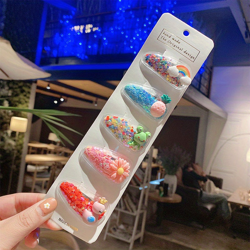 5 Pcs Sparkle Fruit Snap Hair Clips for Girls - Quicksand Bling Sequin Hairpins