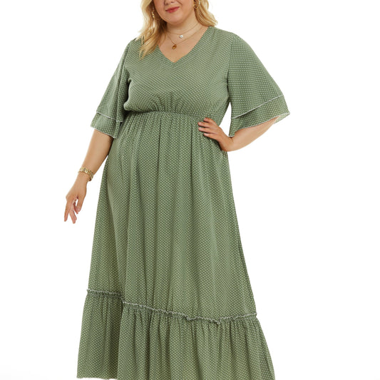  Dot Print Layered Bell Sleeve Maxi Dress