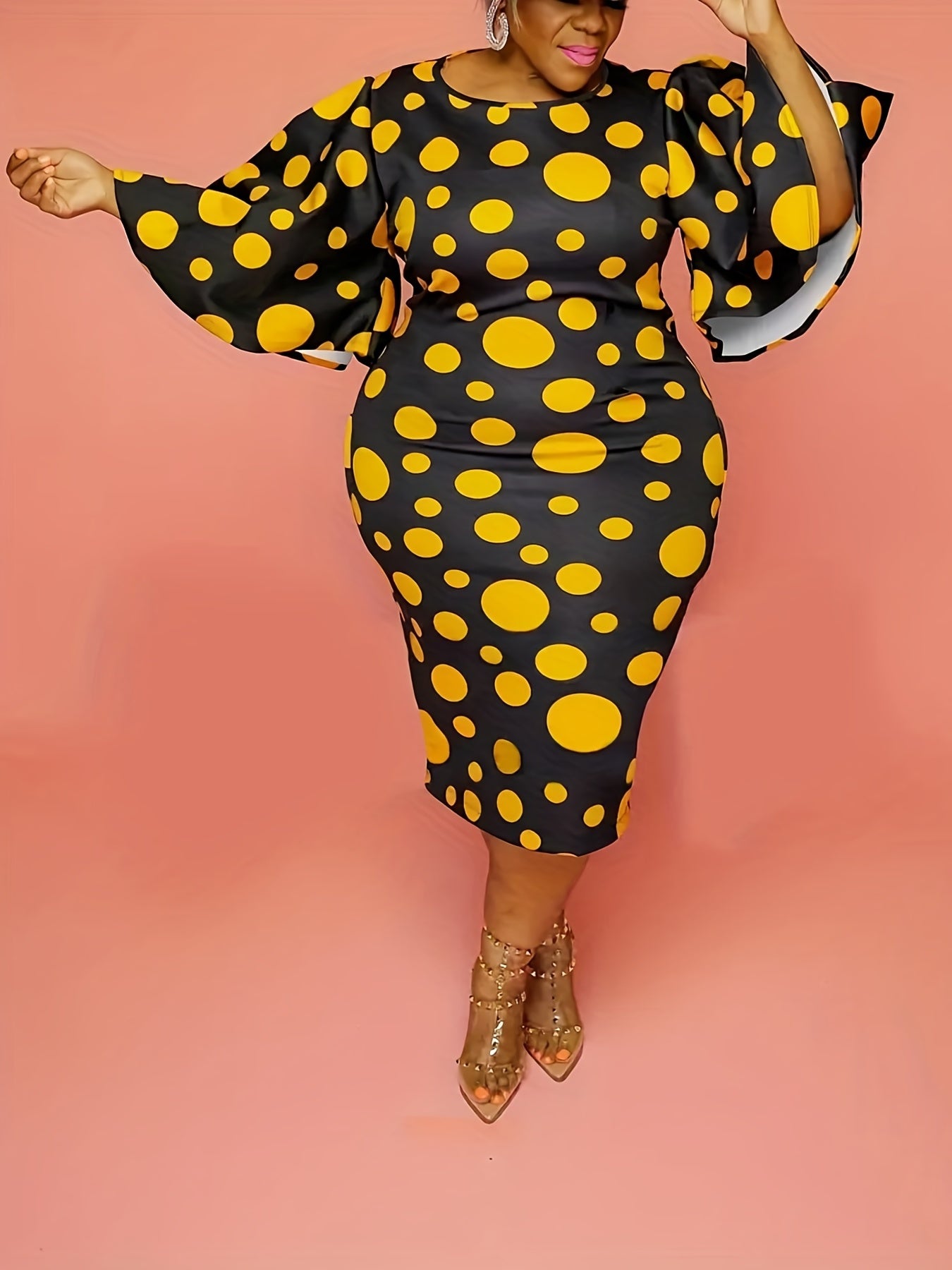  Dot Print Bat Sleeve Bodycon Maxi Dress Women's Plus Dress