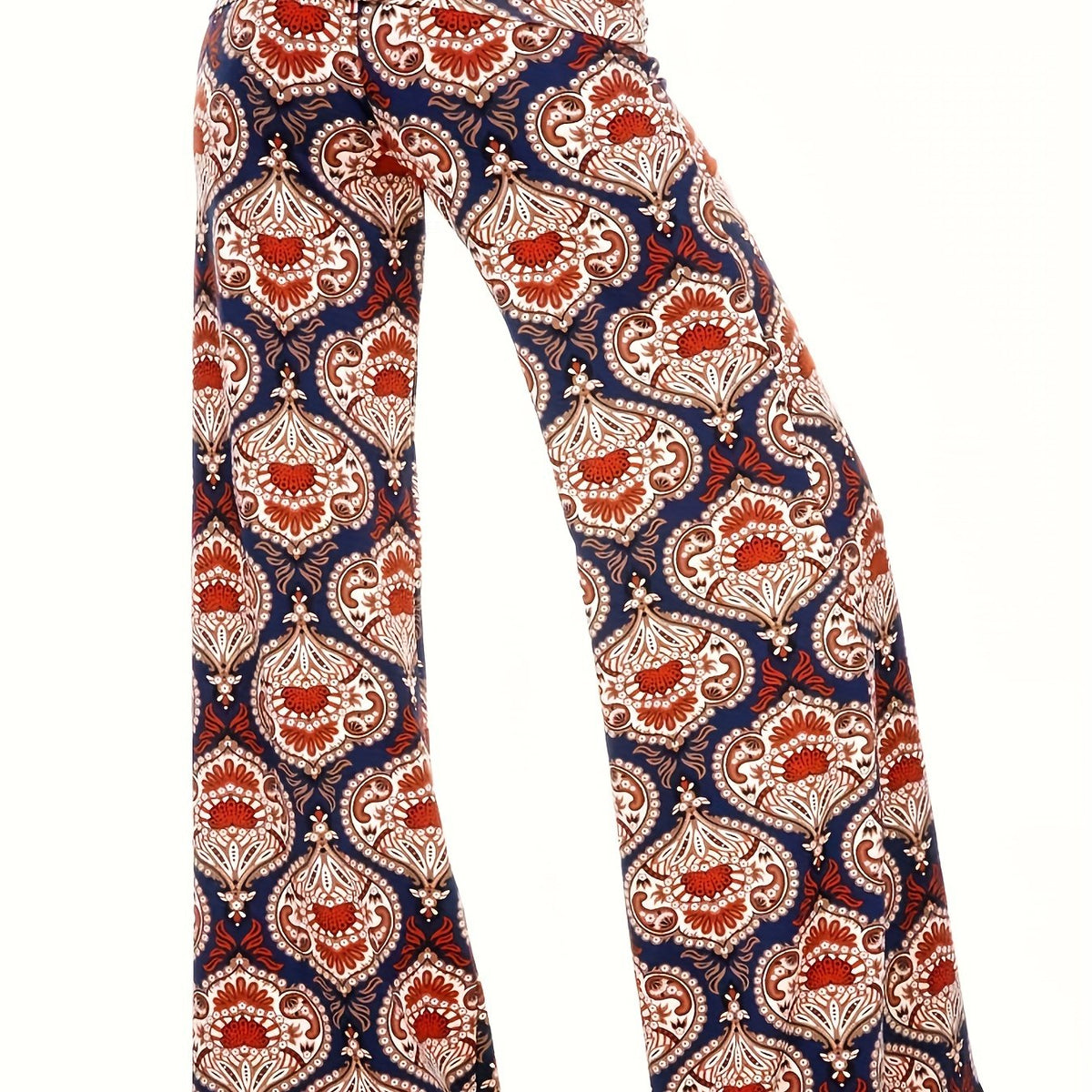  Boho Pants High Rise Wide Leg Paisley Print Stretch